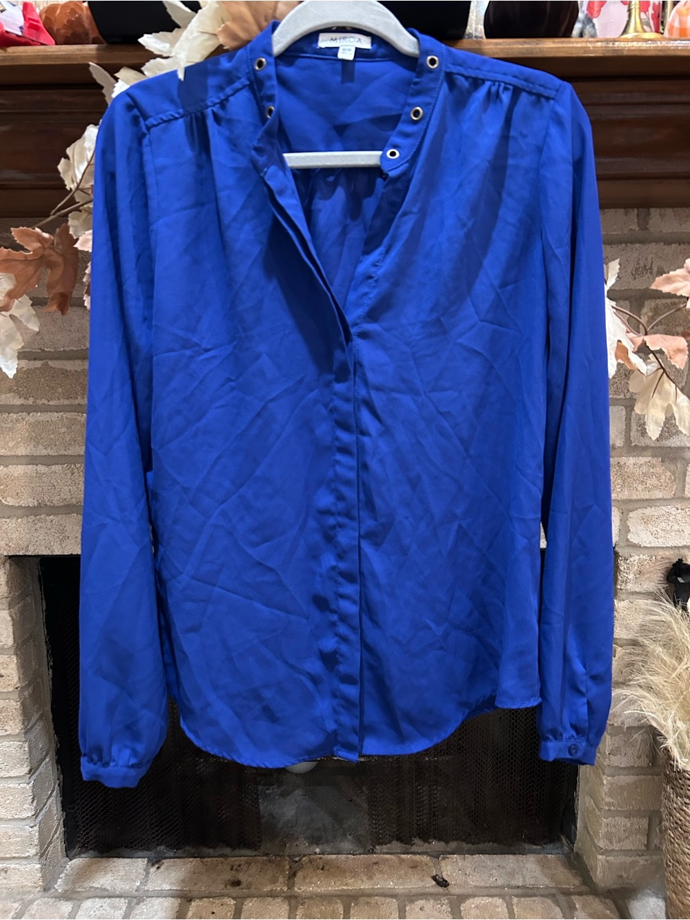 Cobalt Blue Long-Sleeve Eyelet-Trim Blouse - EUC